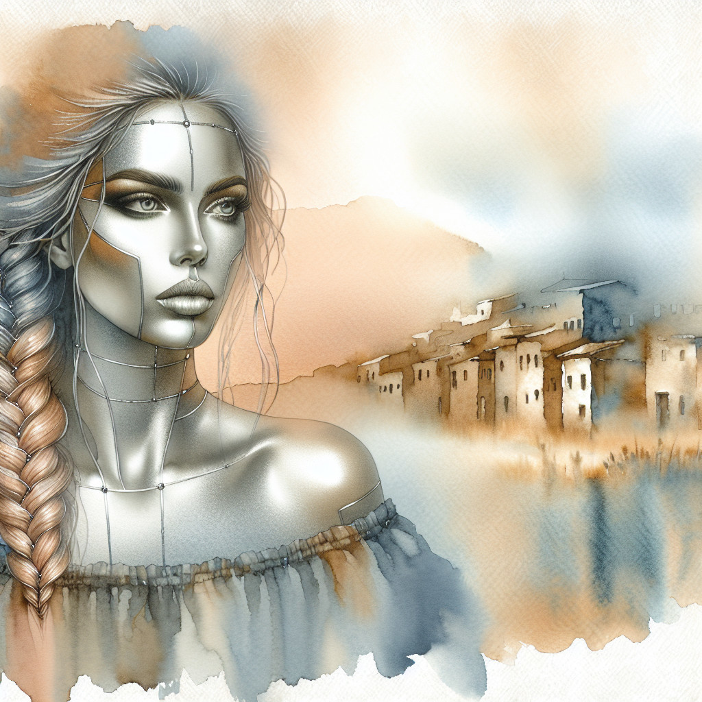 Futuristic Woman with Robotic Features in Pastel Landscape