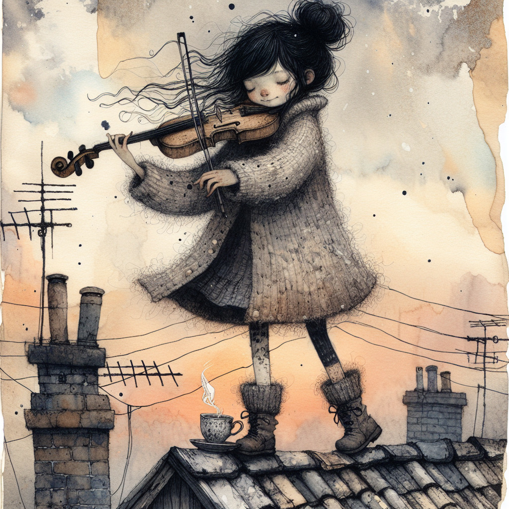 Whimsical Illustration of Girl Playing Violin on Rooftop