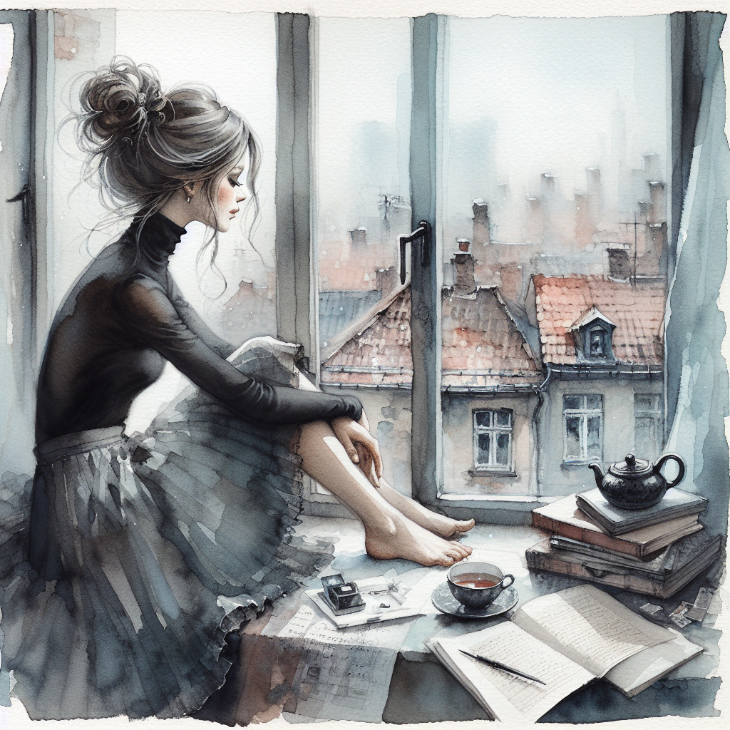 Contemplative Woman by Window in Misty Cityscape