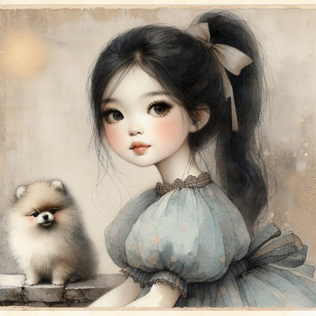 Whimsical Illustration of Girl and Pomeranian Dog