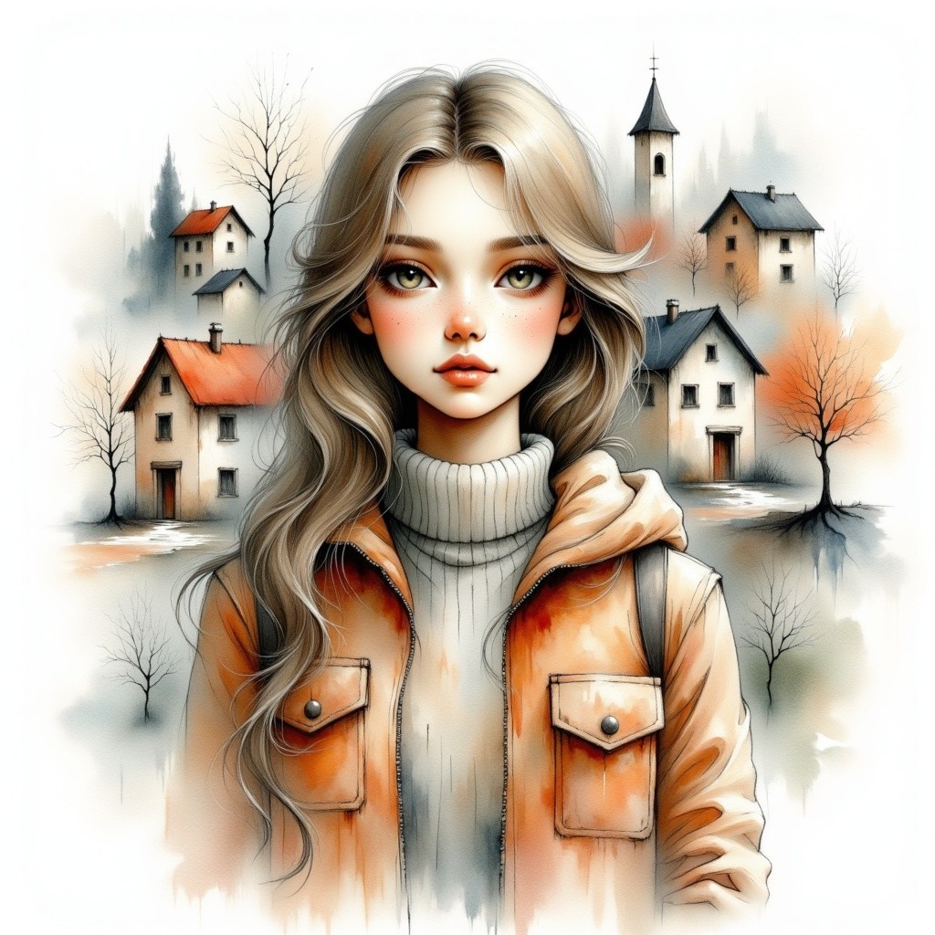 Young Woman in Orange Jacket Amidst Autumn Landscape