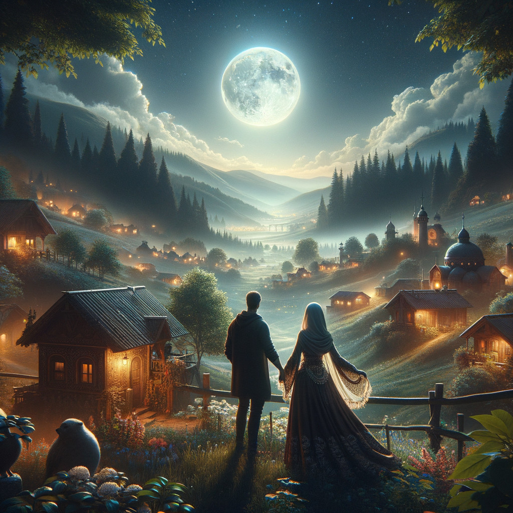 Moonlit Landscape with Couple and Serene Valley