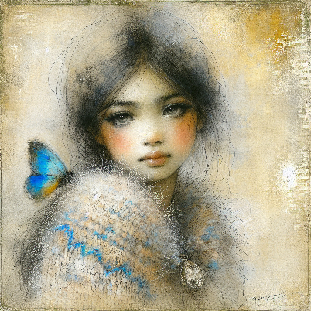 Young girl with butterfly and textured shawl in art