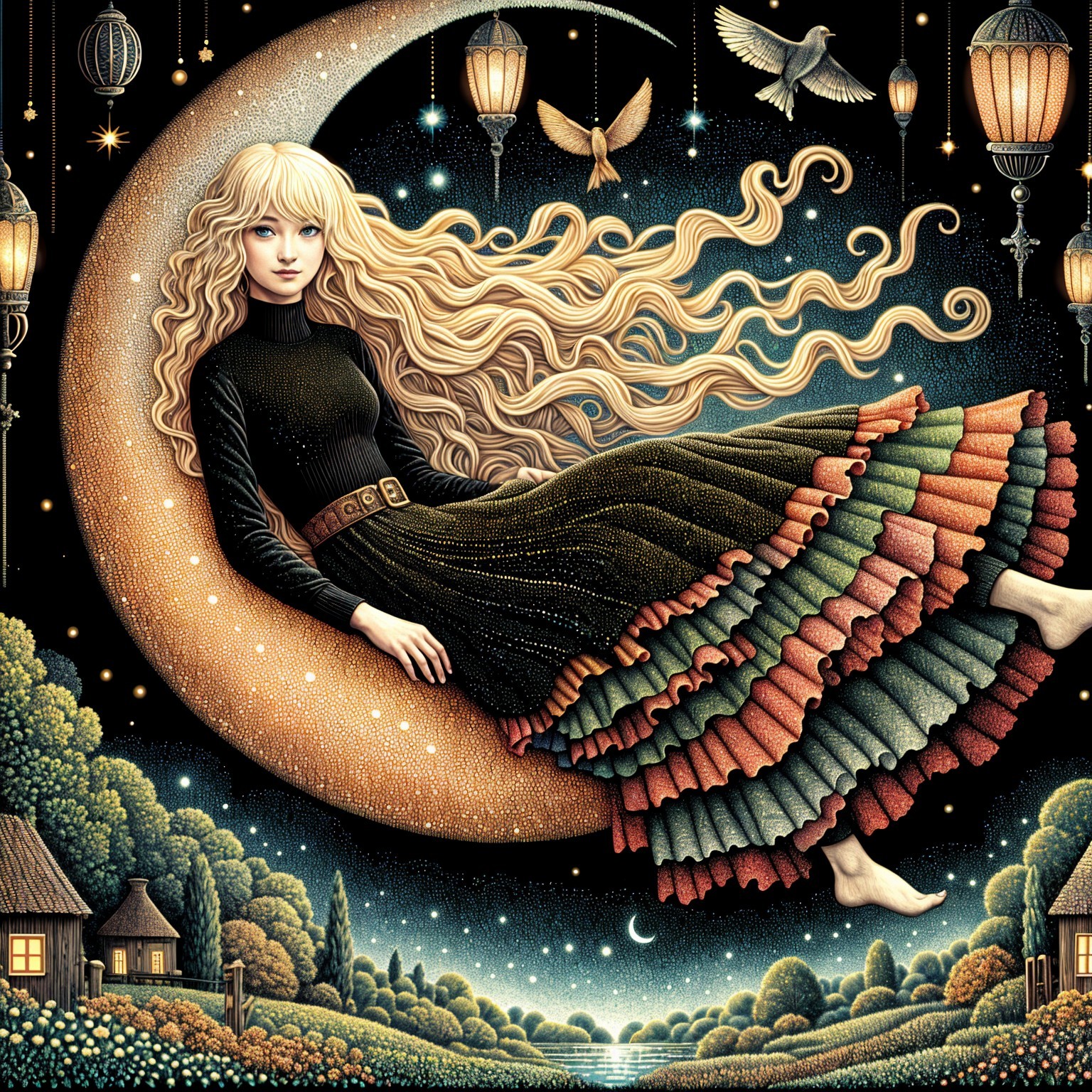Young Woman on Crescent Moon in Enchanting Setting