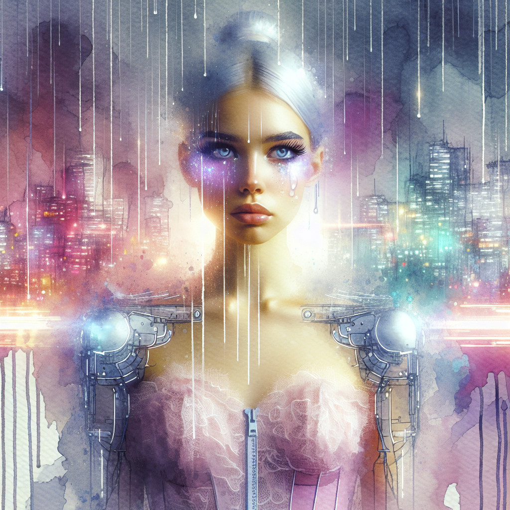 Cybernetic Woman in Futuristic Cityscape at Night