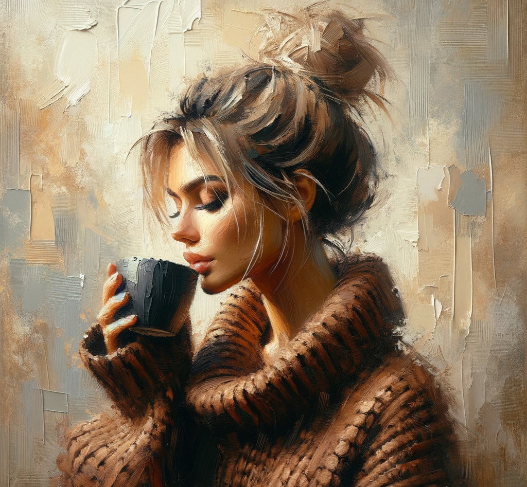Young Woman in Sweater Sipping from Black Cup