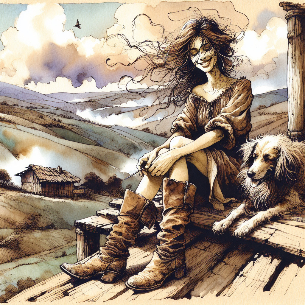 Whimsical Illustration of Young Woman on Porch