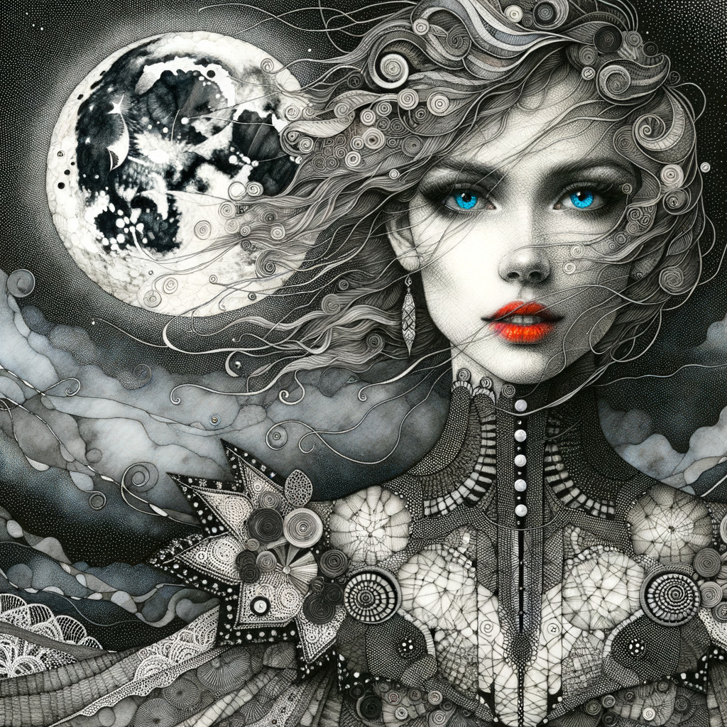 Female Figure with Blue Eyes in Night Sky Artwork