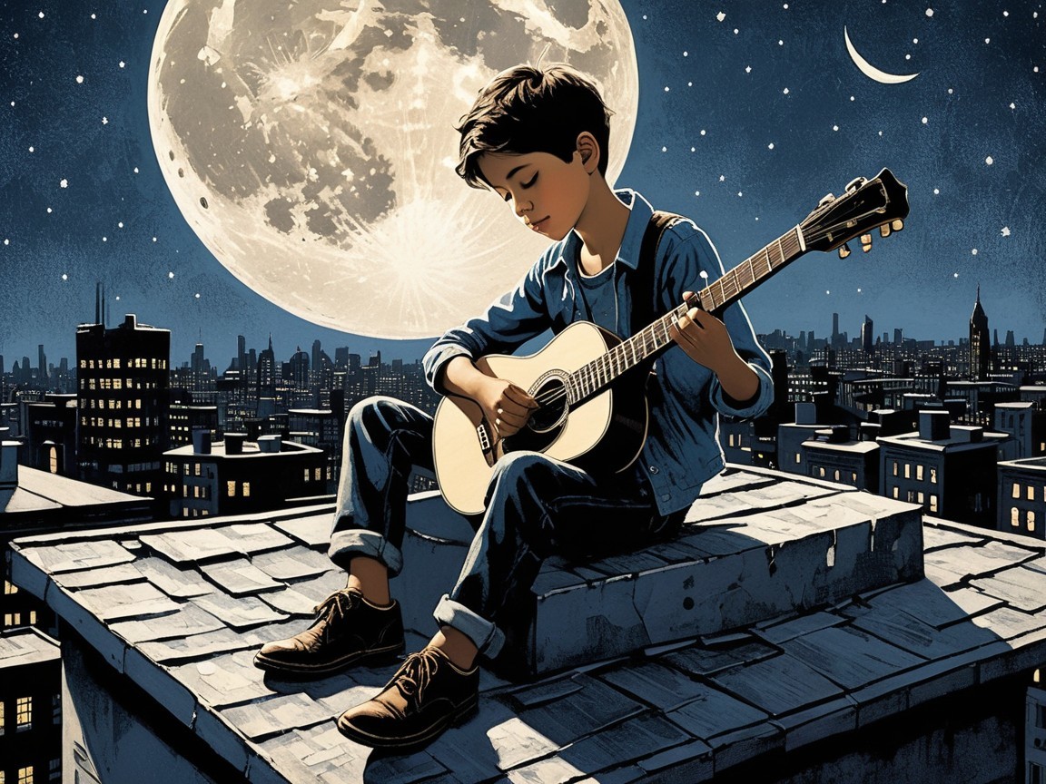 Young Boy Playing Guitar on Rooftop at Night