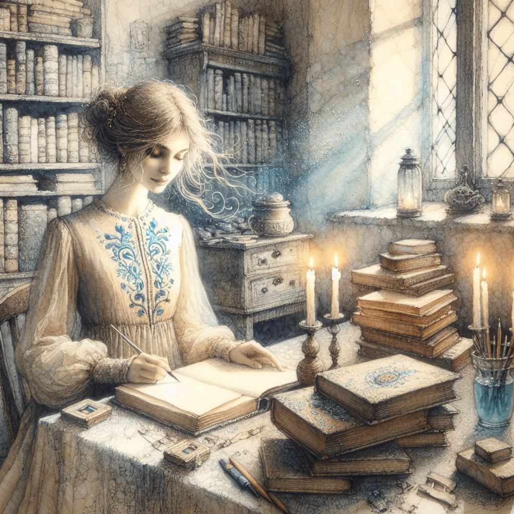 Watercolor Painting of Woman Writing at a Table