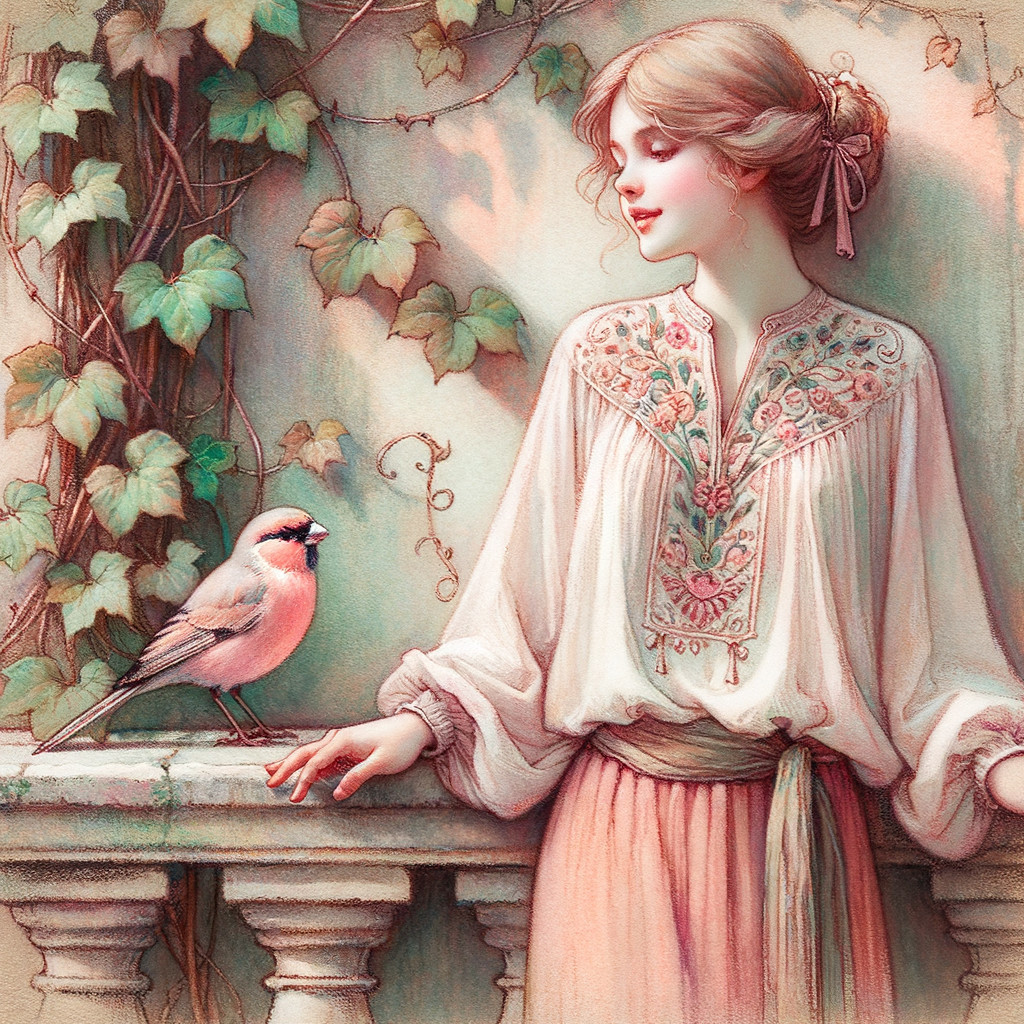 Serene Scene of Woman and Pink Bird Among Ivy