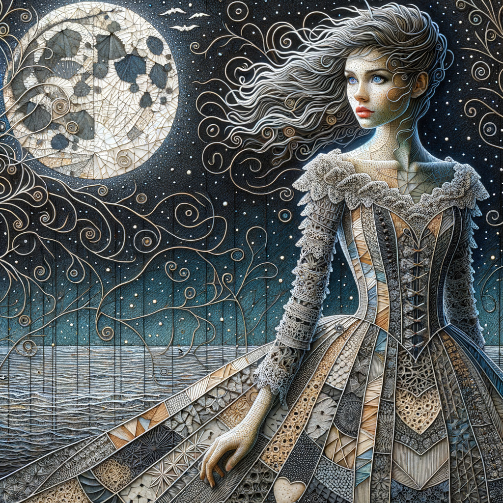Digital Painting of Woman in Ornate Dress Under Moon