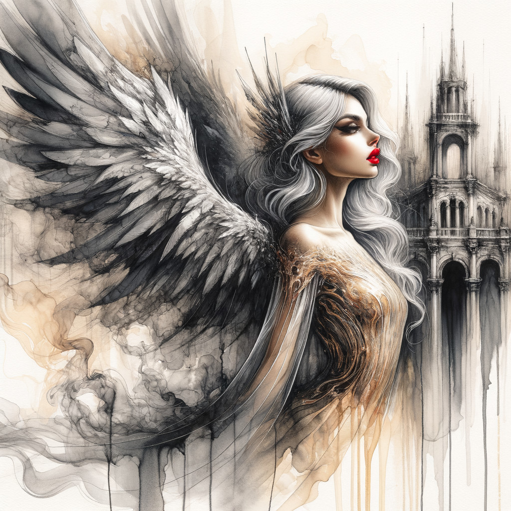 Elegant Woman with Silver Hair and Majestic Wings