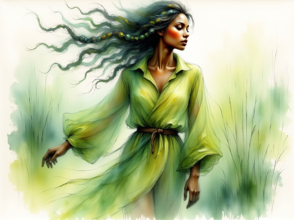 Woman in green dress amidst lush natural setting
