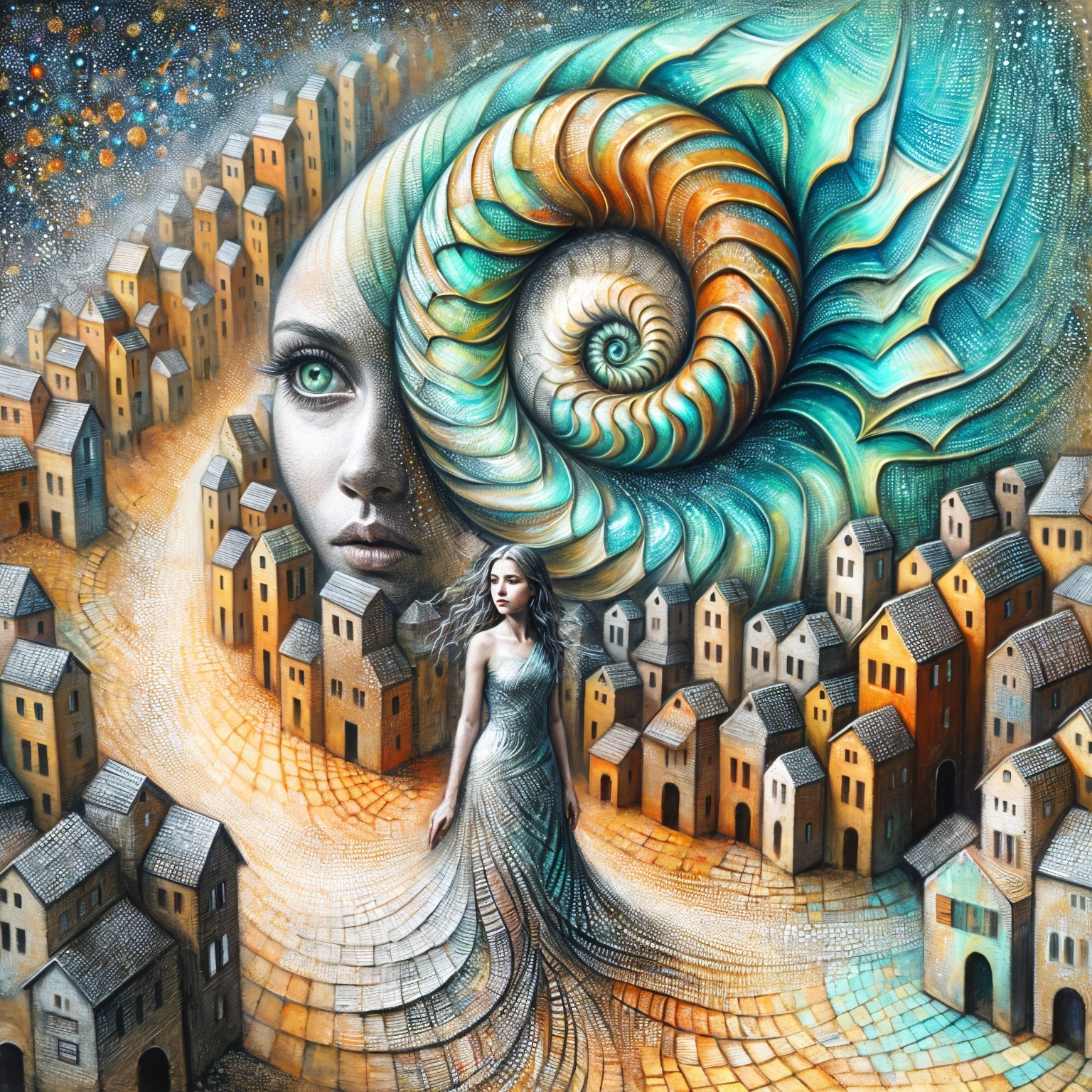 Surreal Landscape with Shell and Woman in Flowing Attire