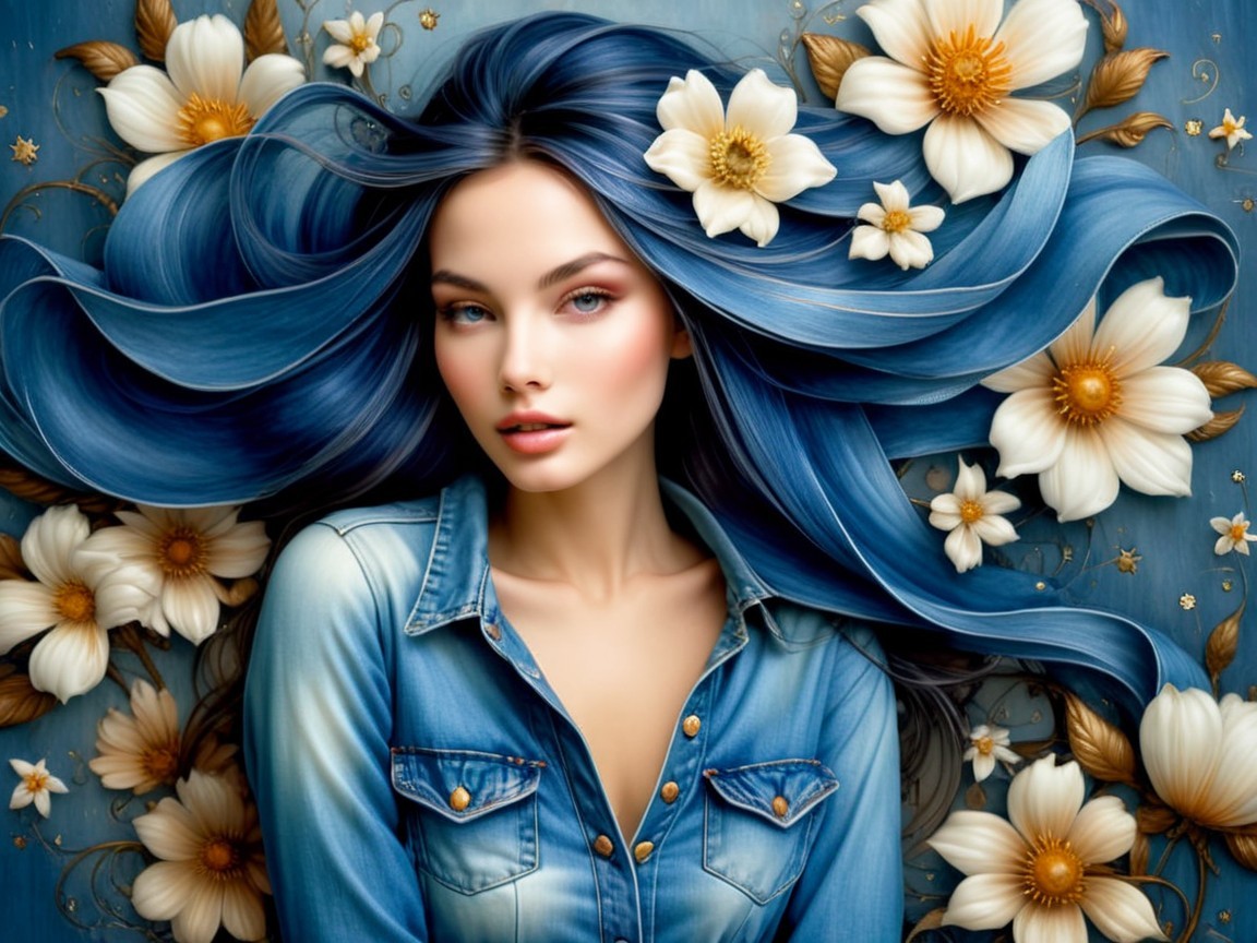 Young woman with blue hair against floral backdrop