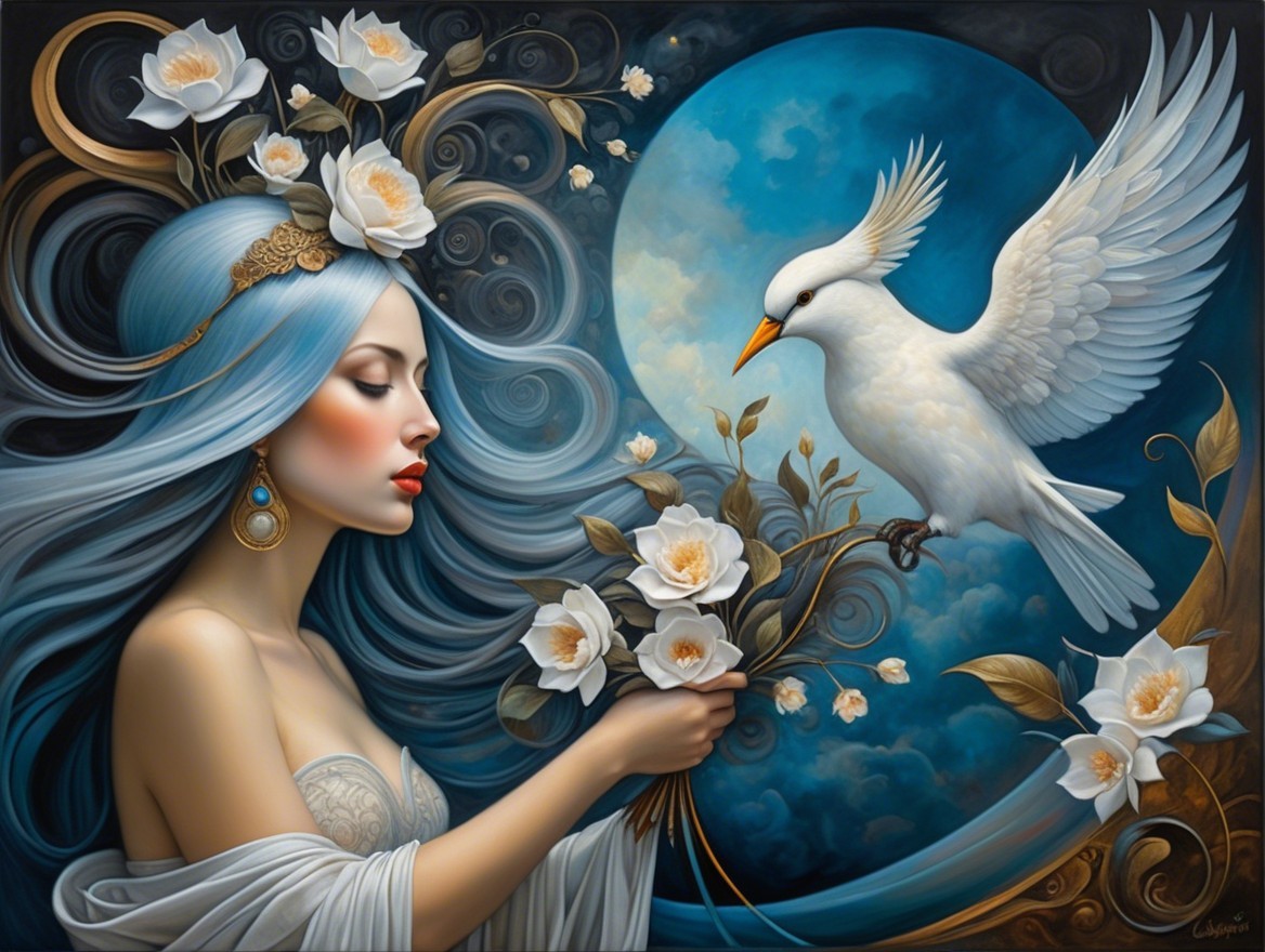 Ethereal Woman with Blue Hair and White Bird Scene