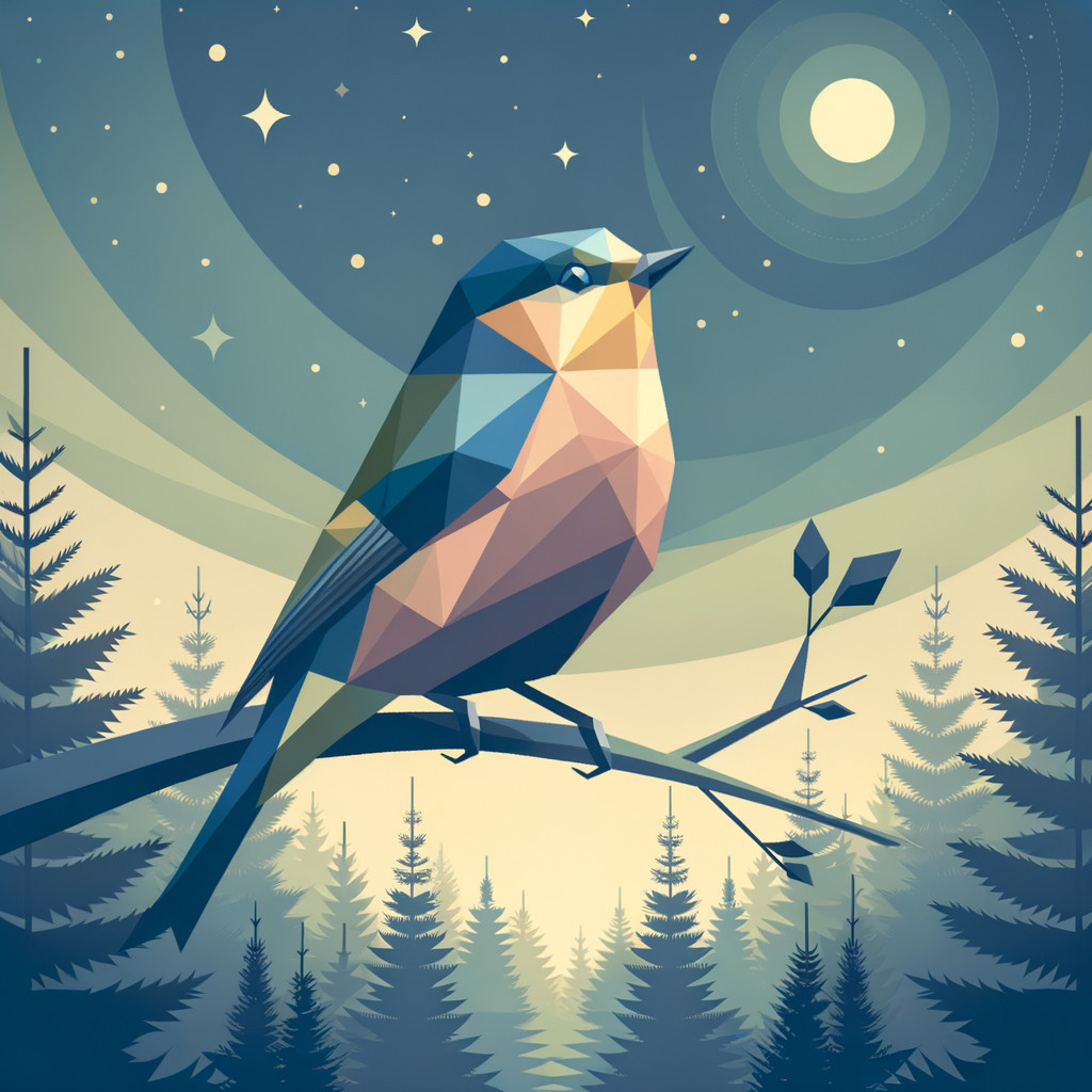 Stylized Bird on Branch Under Starry Night Sky
