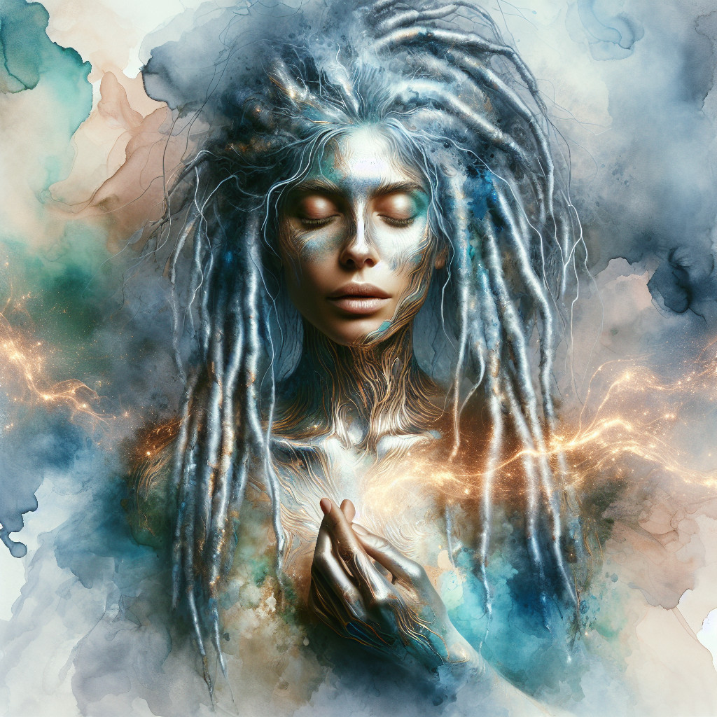 Mystical Figure with Flowing Dreadlocks and Ethereal Skin