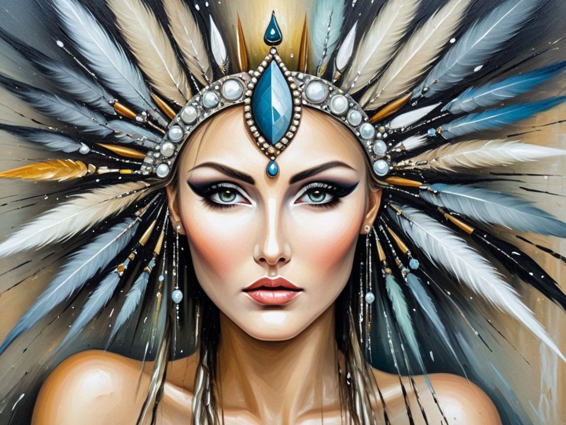 Portrait of a woman with an elaborate feathered headpiece