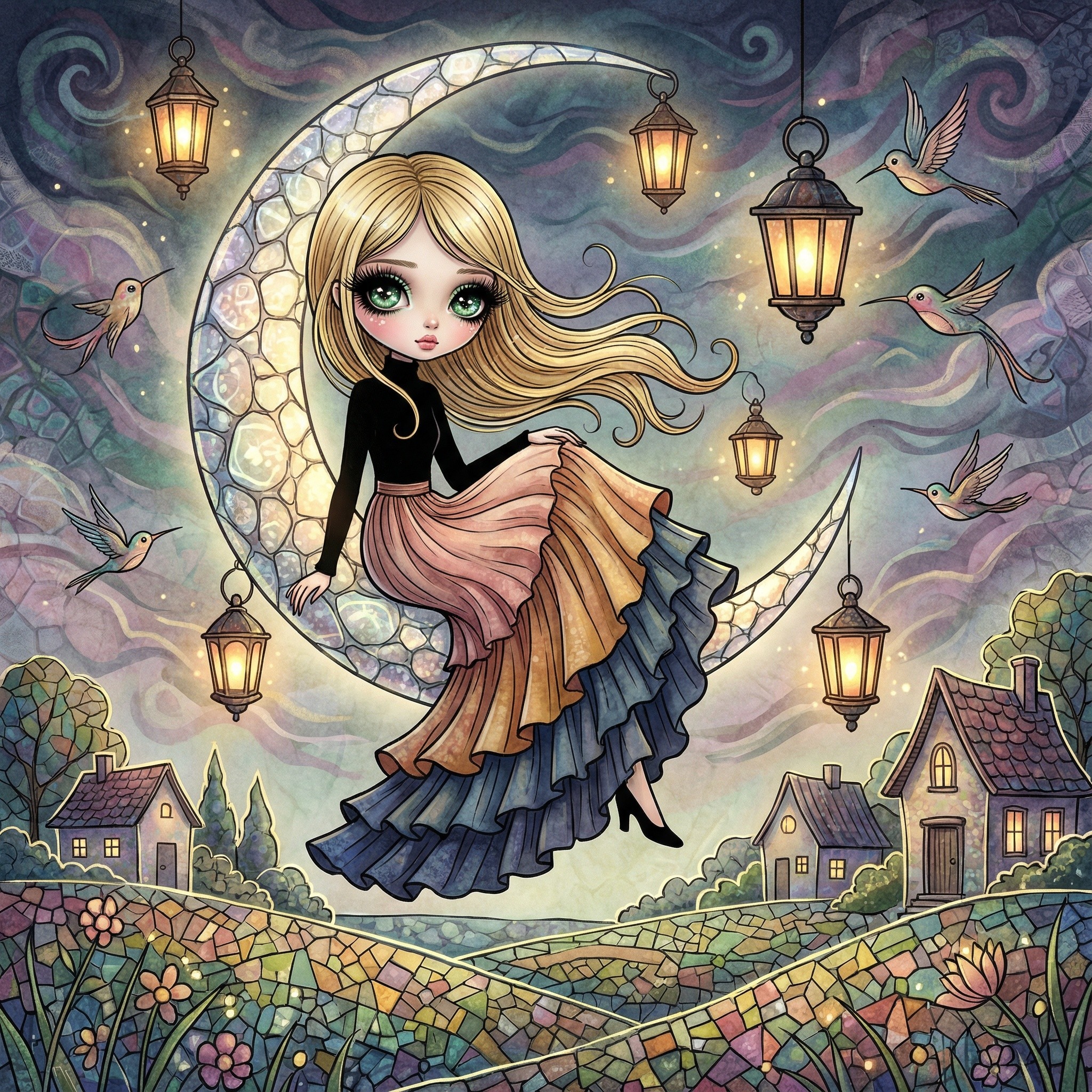 Vibrant Digital Painting of Girl on Crescent Moon