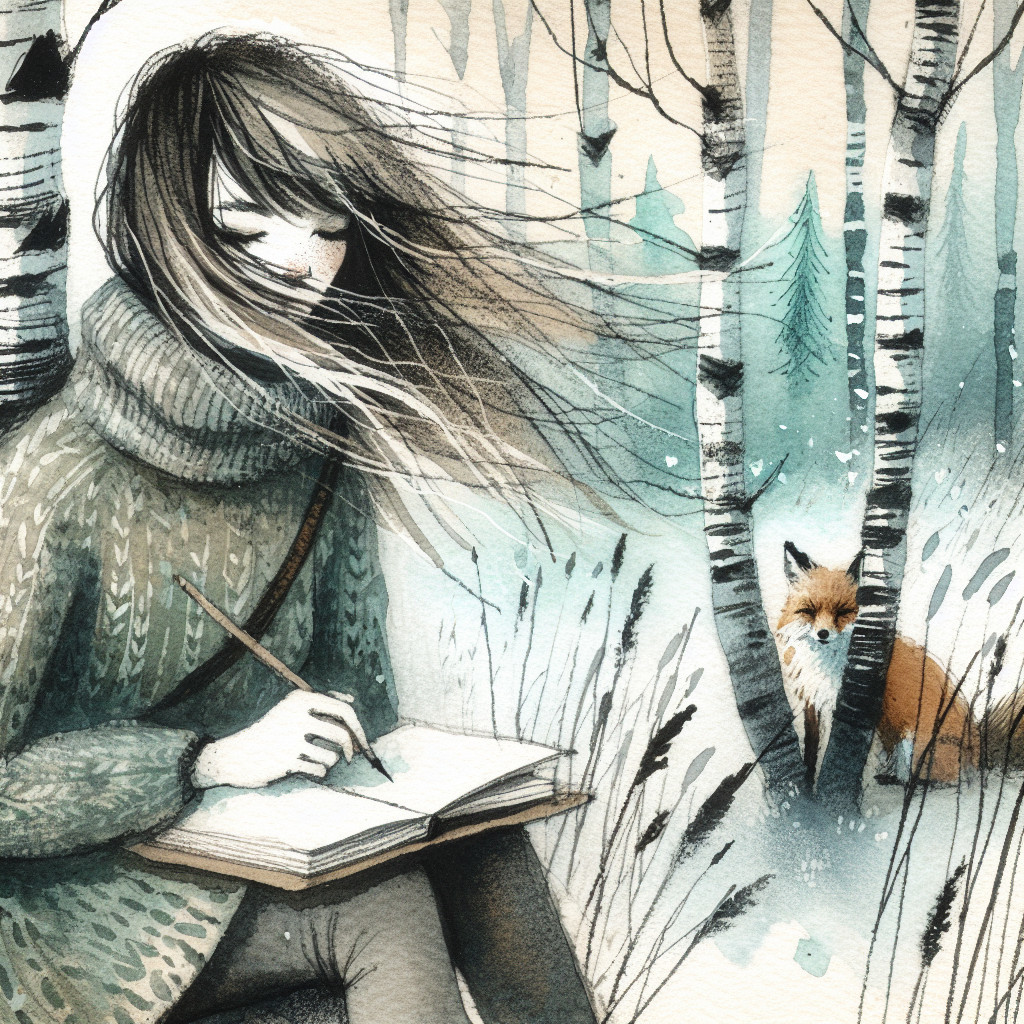 Young woman writing in a forest with a curious fox
