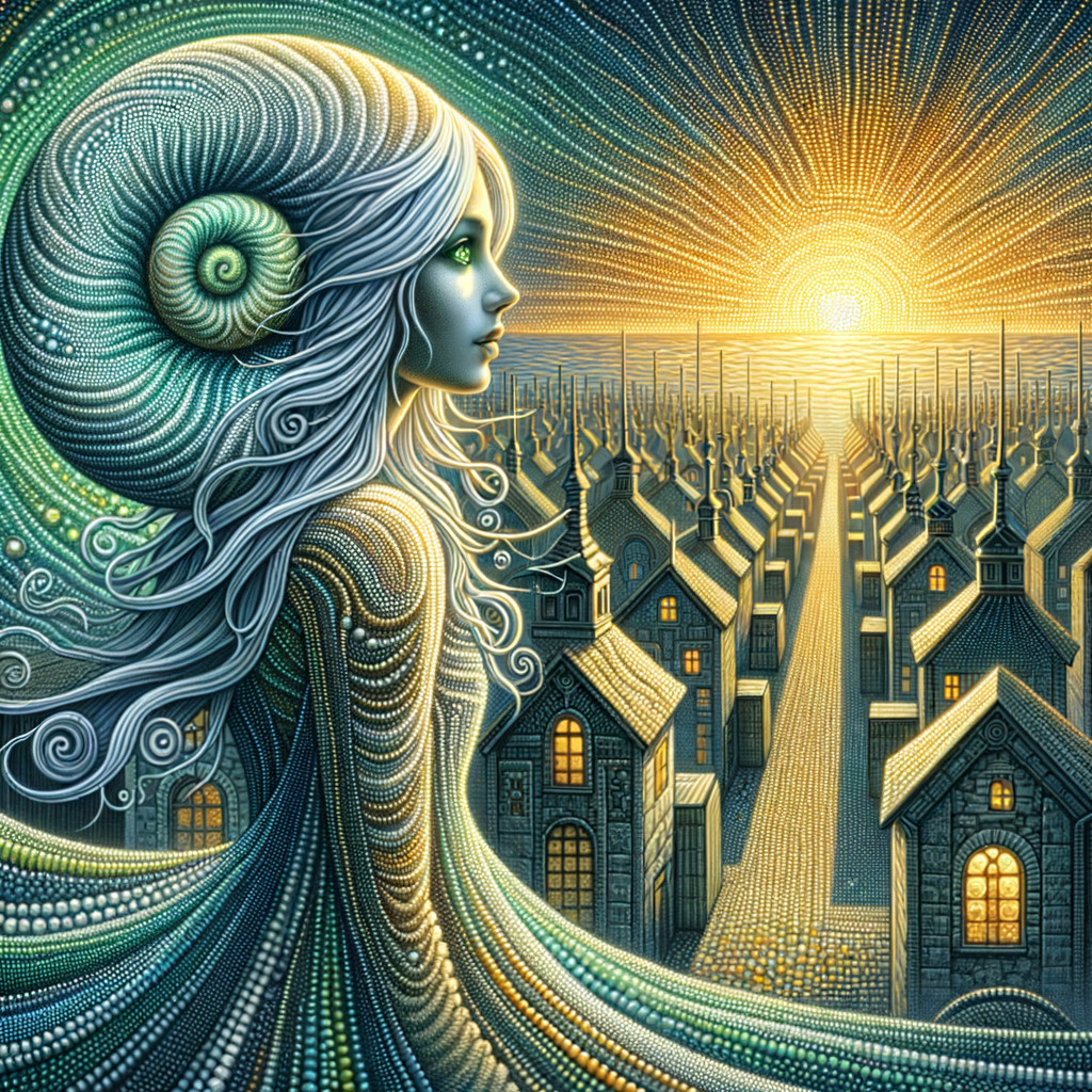 Surreal Scene of Woman with Nautilus Hair at Sunrise