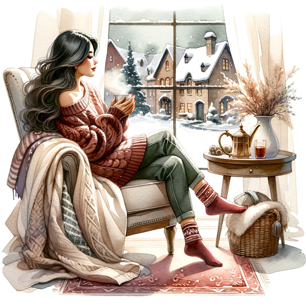 Cozy Indoor Scene with Woman by Snowy Window