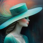 Serene Woman in Elegant Blue Hat Against Dark Backdrop