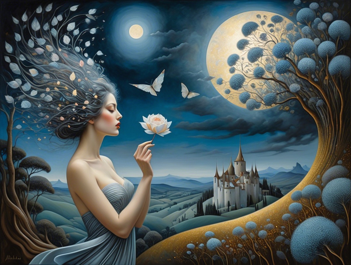 Surreal Landscape with Ethereal Woman and Lotus Blossom