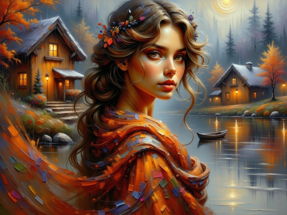 Young woman in autumn landscape with colorful flowers