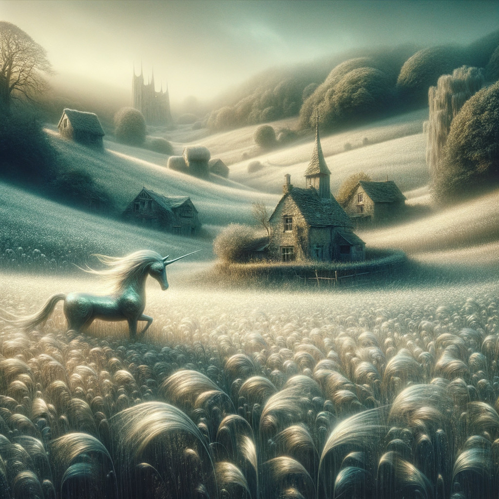 Unicorn in Dreamy Landscape with Quaint Cottages