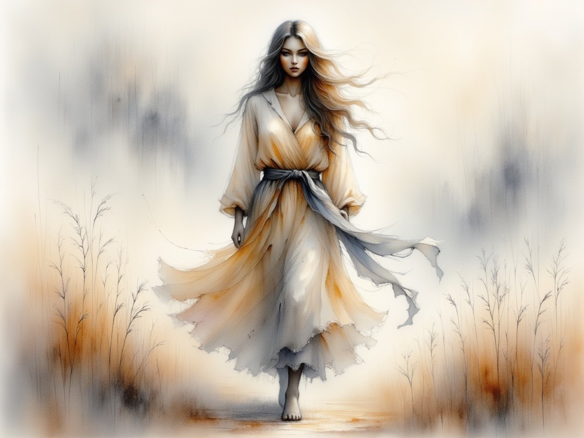 Mystical Figure in Dreamy Landscape with Ethereal Dress