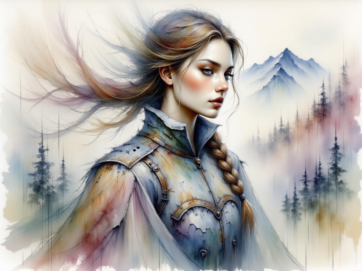 Young Woman in Colorful Armor Against Mountain Landscape