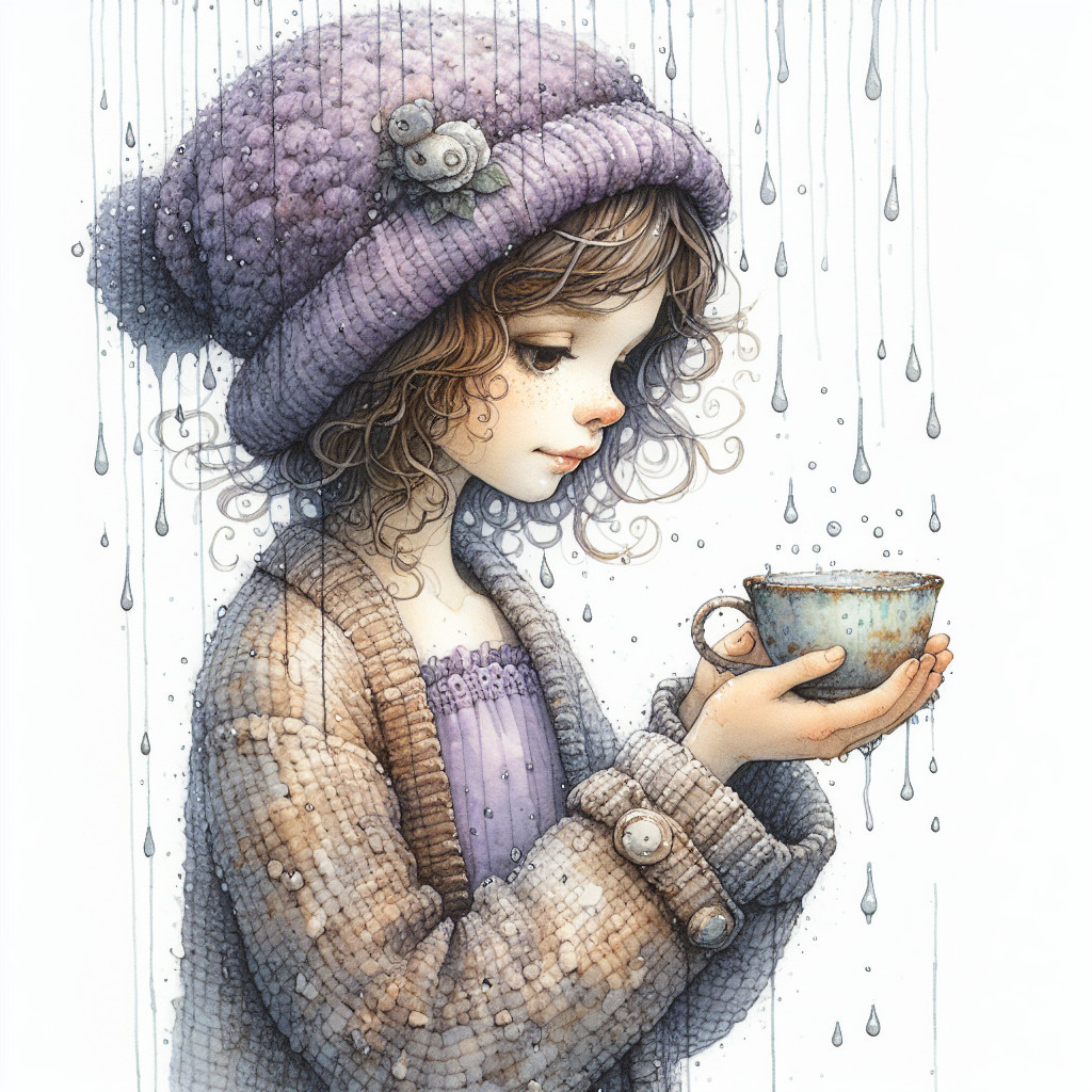Young girl in cozy attire with a delicate cup in rain