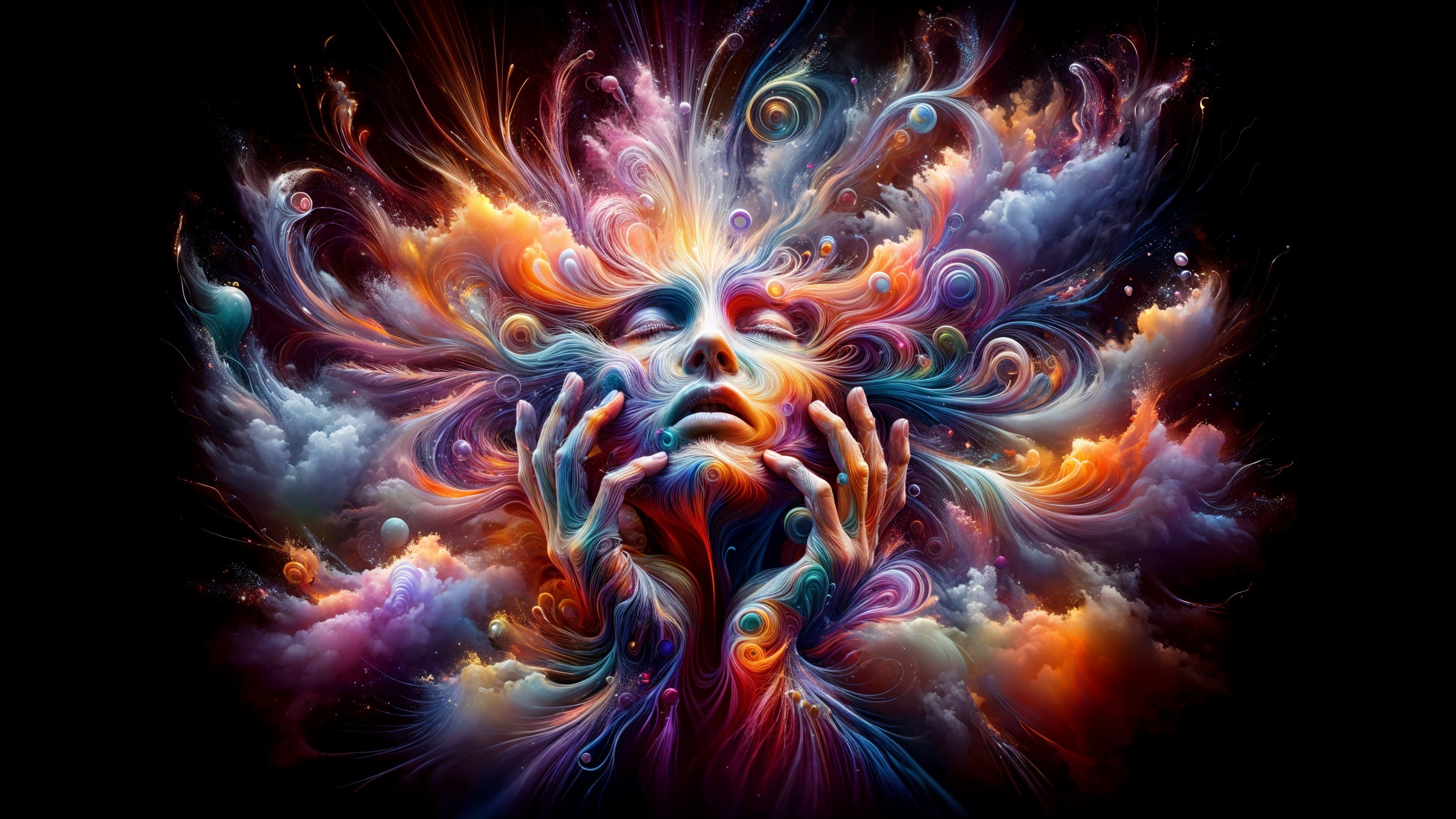 Surreal Face Surrounded by Colorful Energy Clouds
