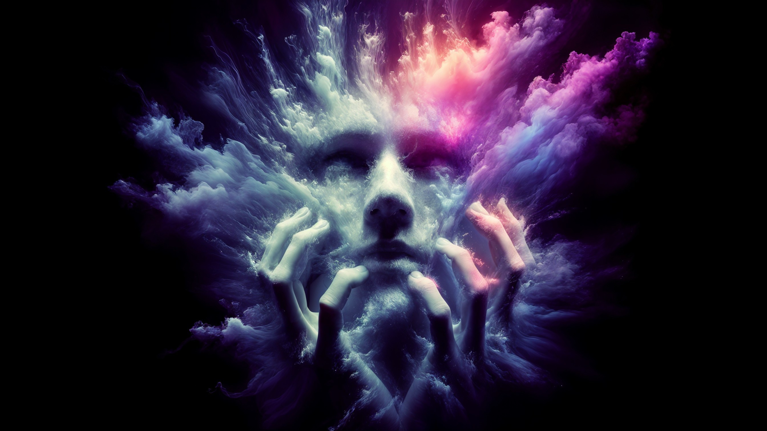 Surreal face in vibrant swirling clouds of color