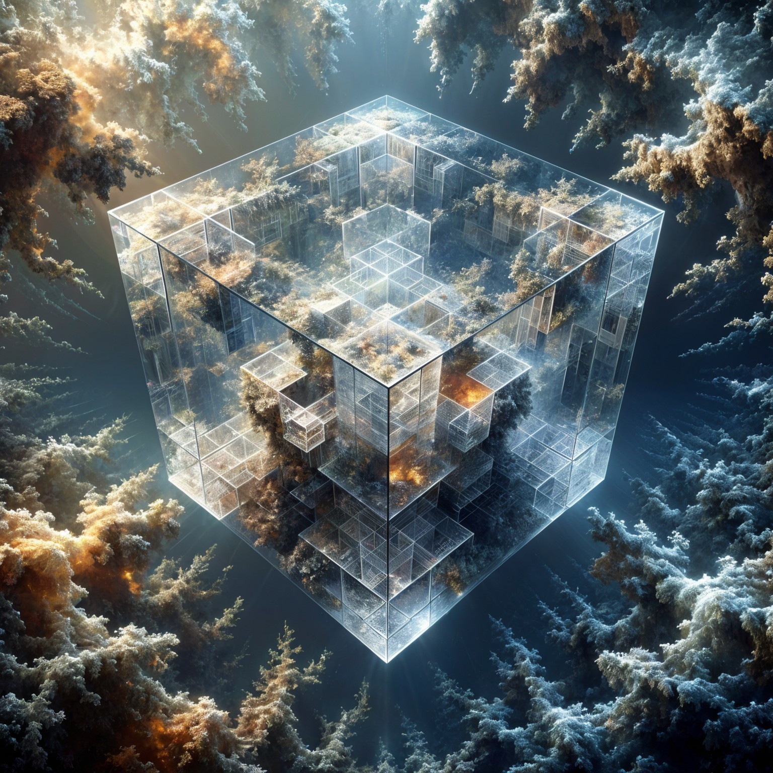 Translucent Cube in Ethereal Cloudscape and Light
