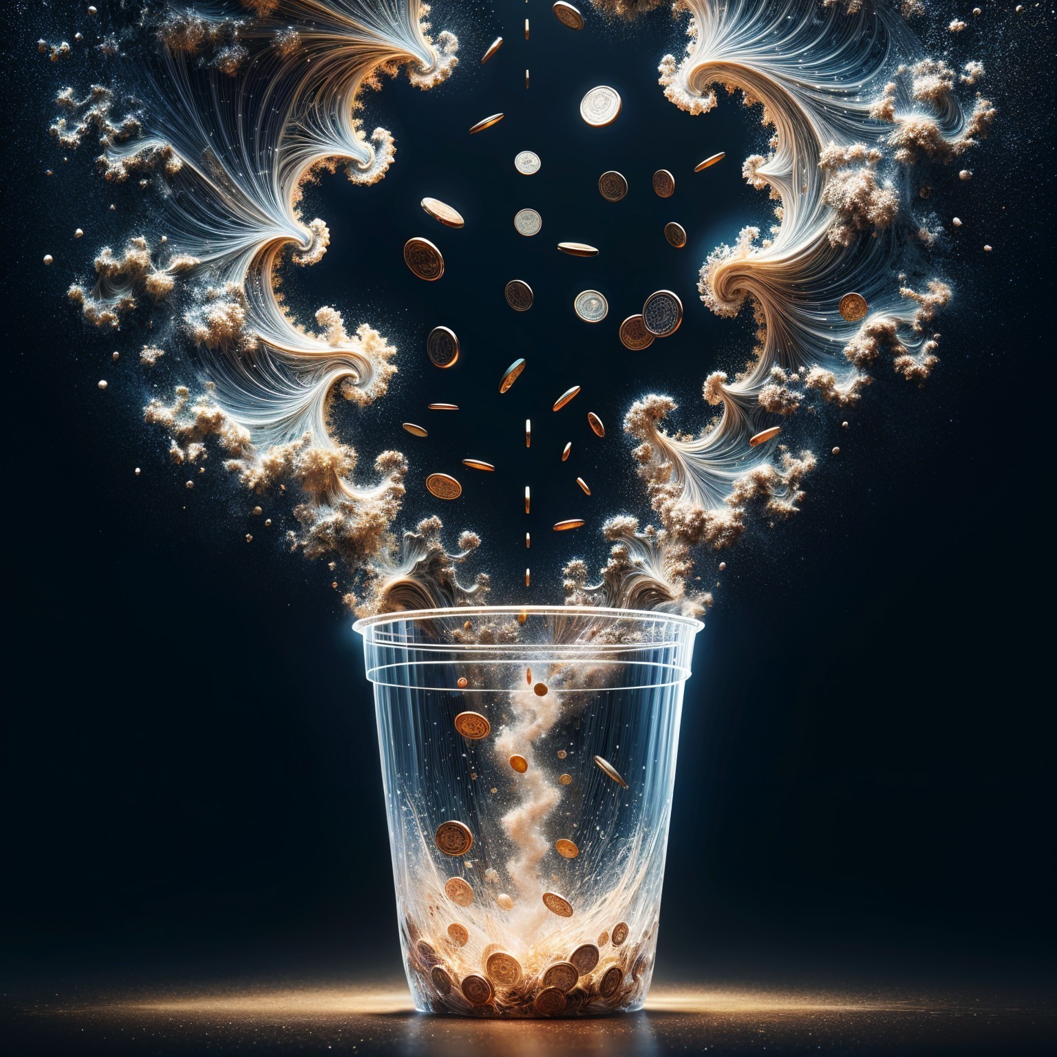 Transparent Cup Surrounded by Swirling Fractal Patterns