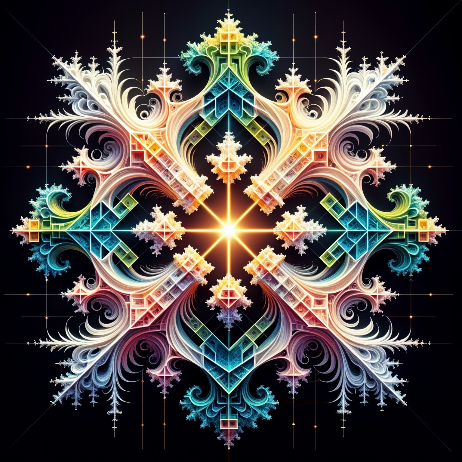 Symmetrical Snowflake Design with Colorful Fractals
