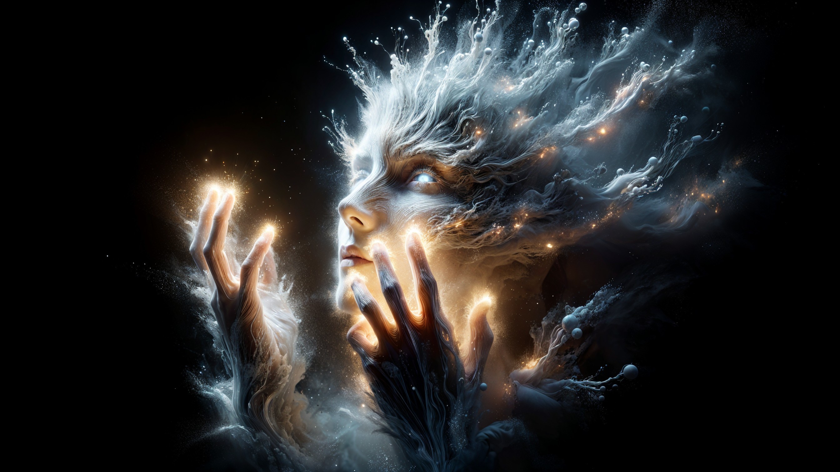 Ethereal figure in luminous smoke with glowing features