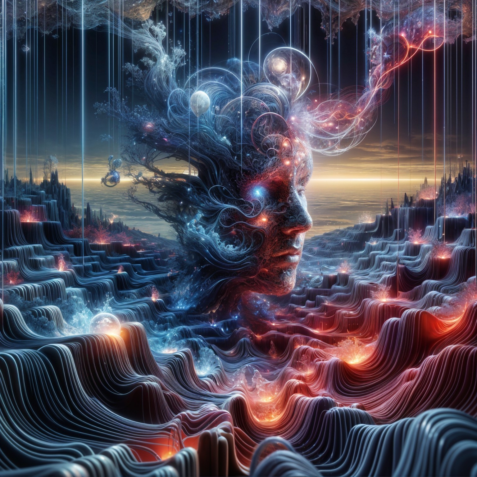 Surreal Landscape with Luminous Face and Waves