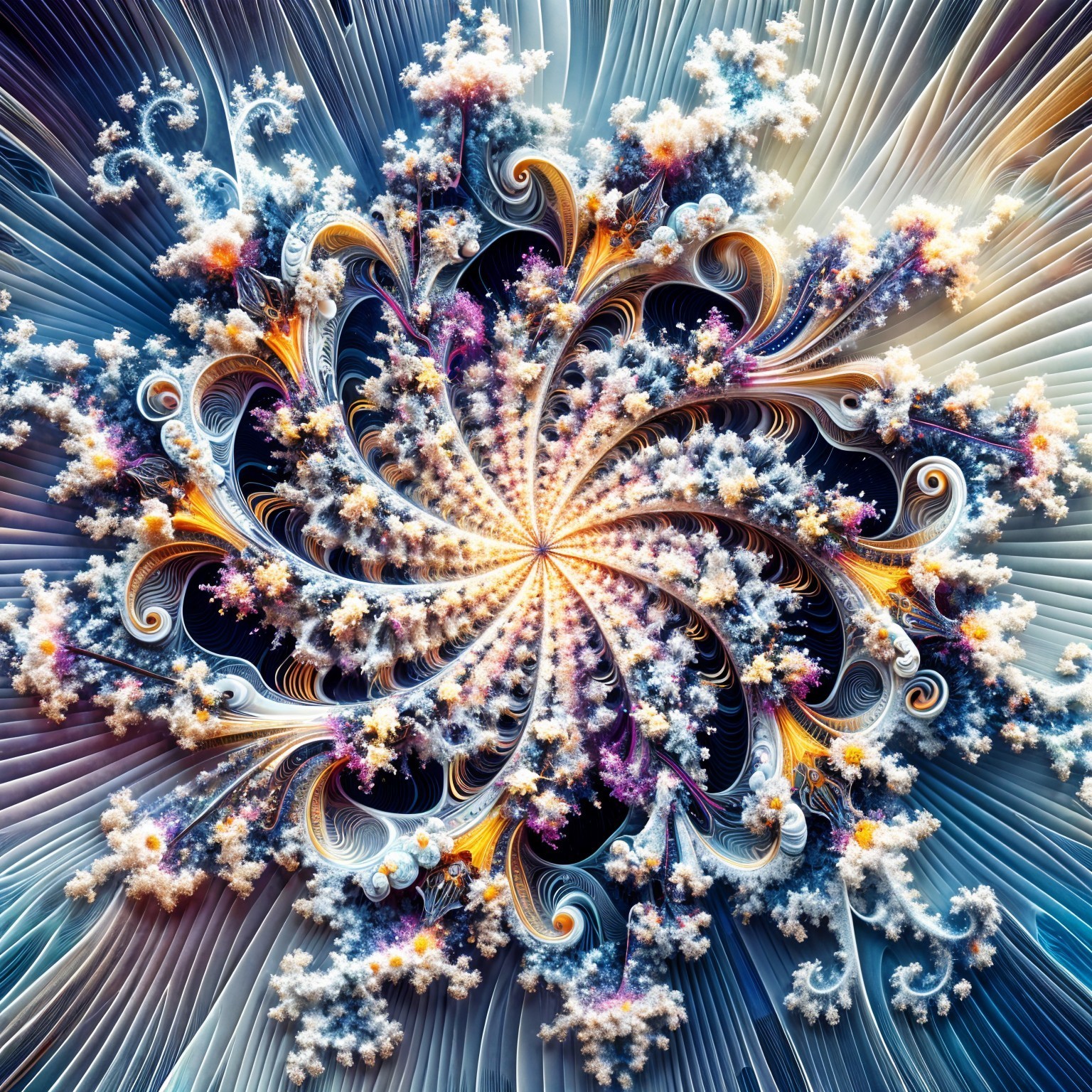 Fractal Design with Blue, White, and Gold Patterns