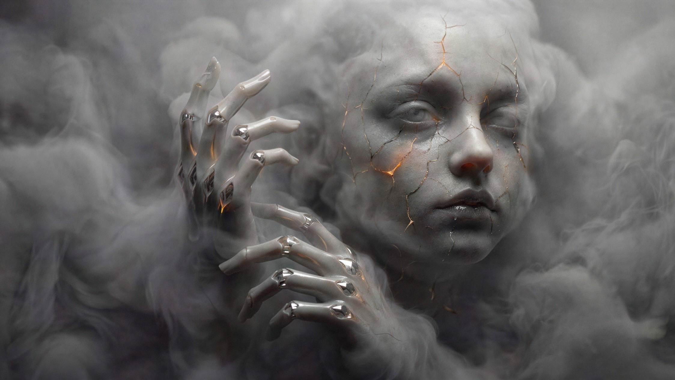 Ghostly Figure with Porcelain Face and Metal Hands