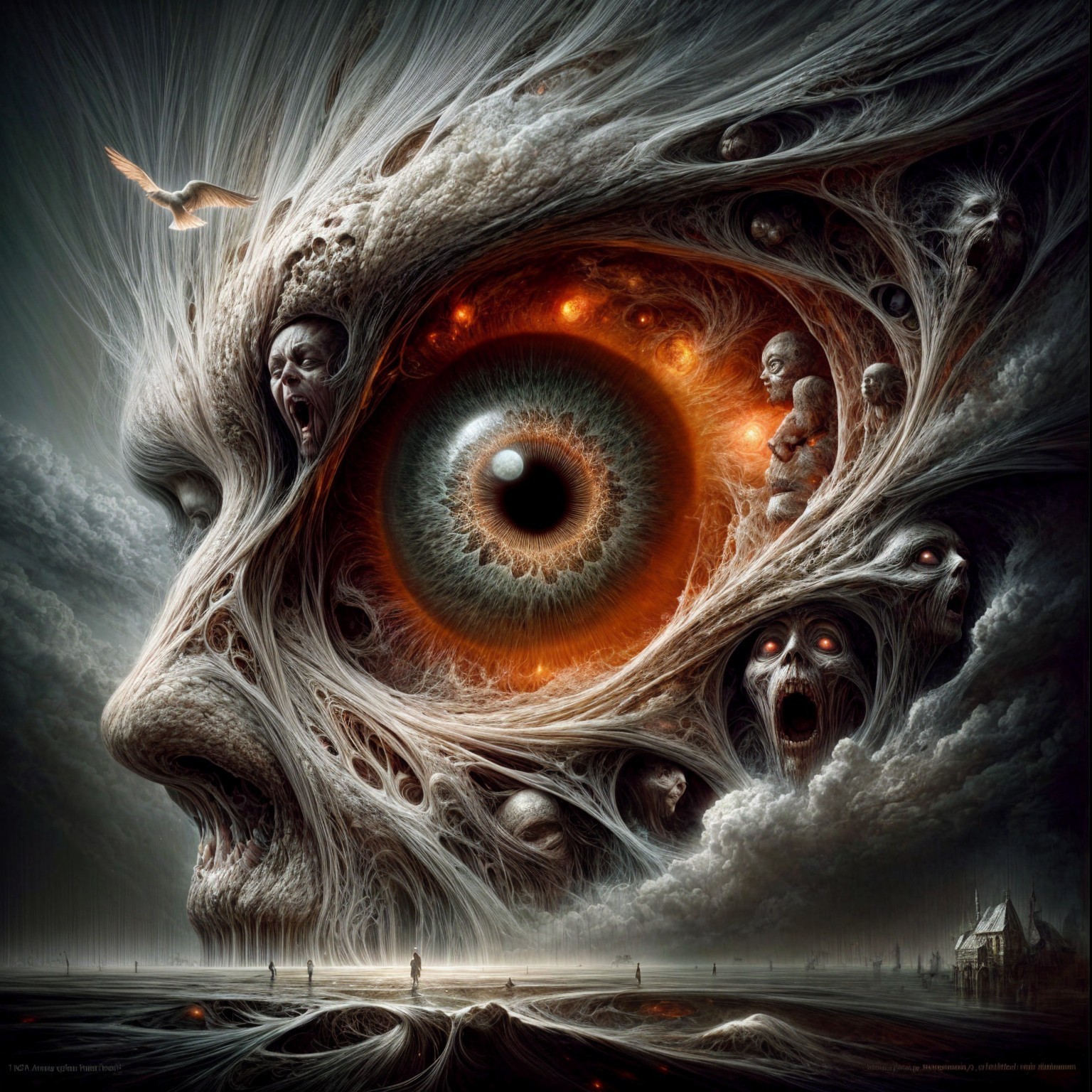 Surreal Artwork with Central Eye and Abstract Forms