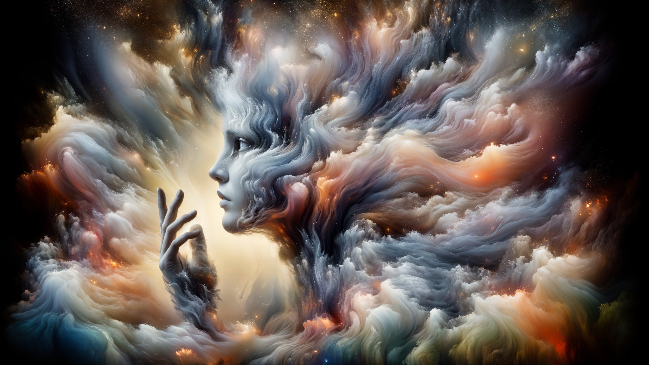 Ethereal Figure in Vibrant Cosmic Cloudscape