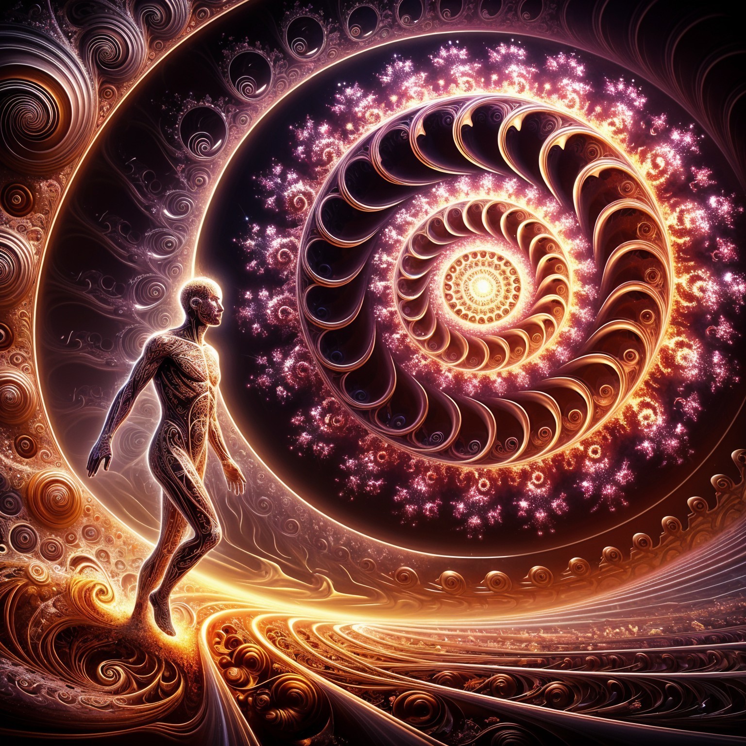 Surreal Scene of a Figure on a Colorful Swirling Path
