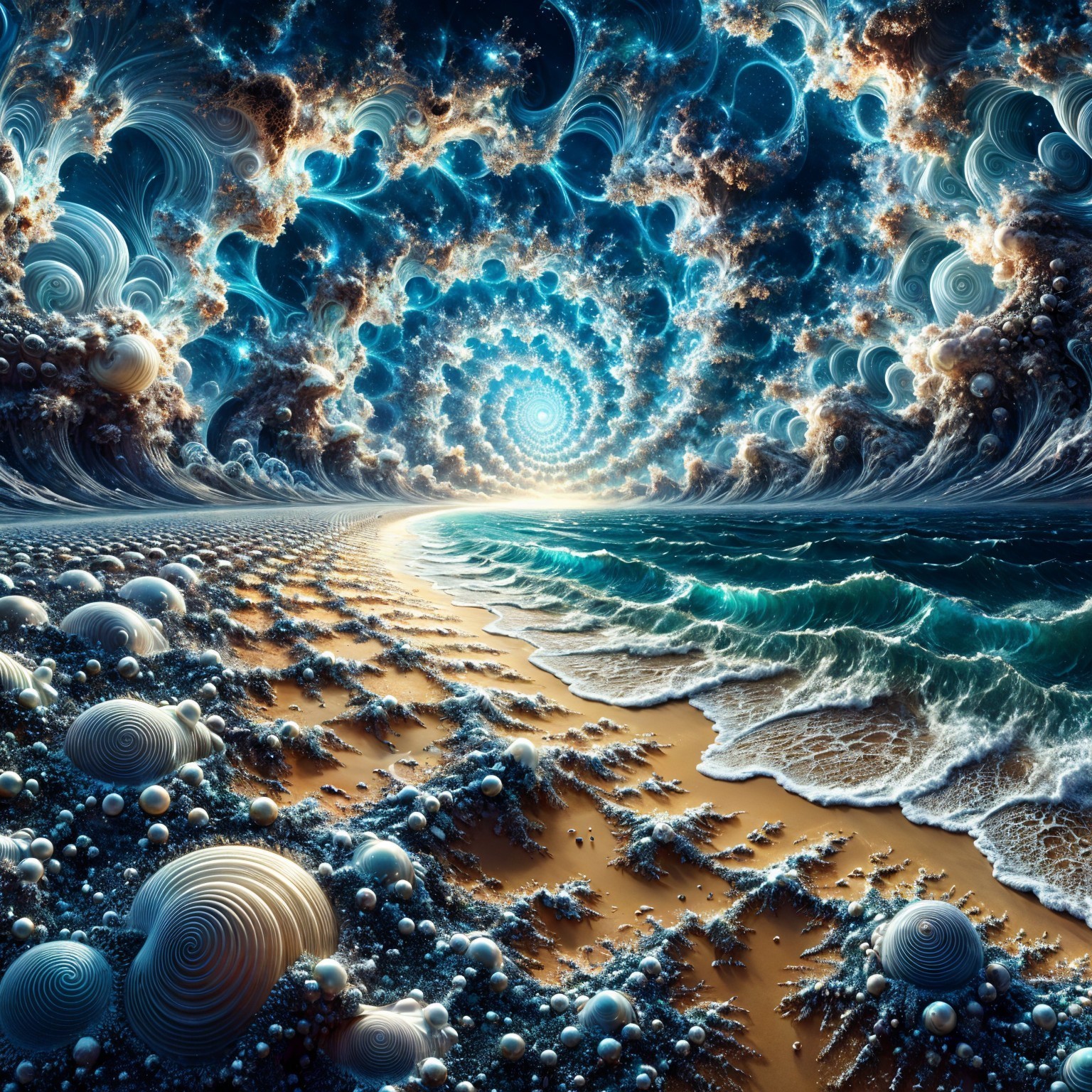 Surreal Seascape with Fractals and Vibrant Sky