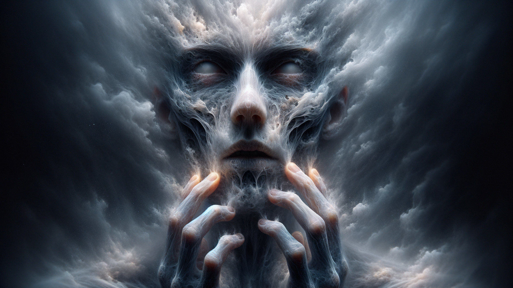 Surreal Figure with Obscured Face in Ethereal Fog