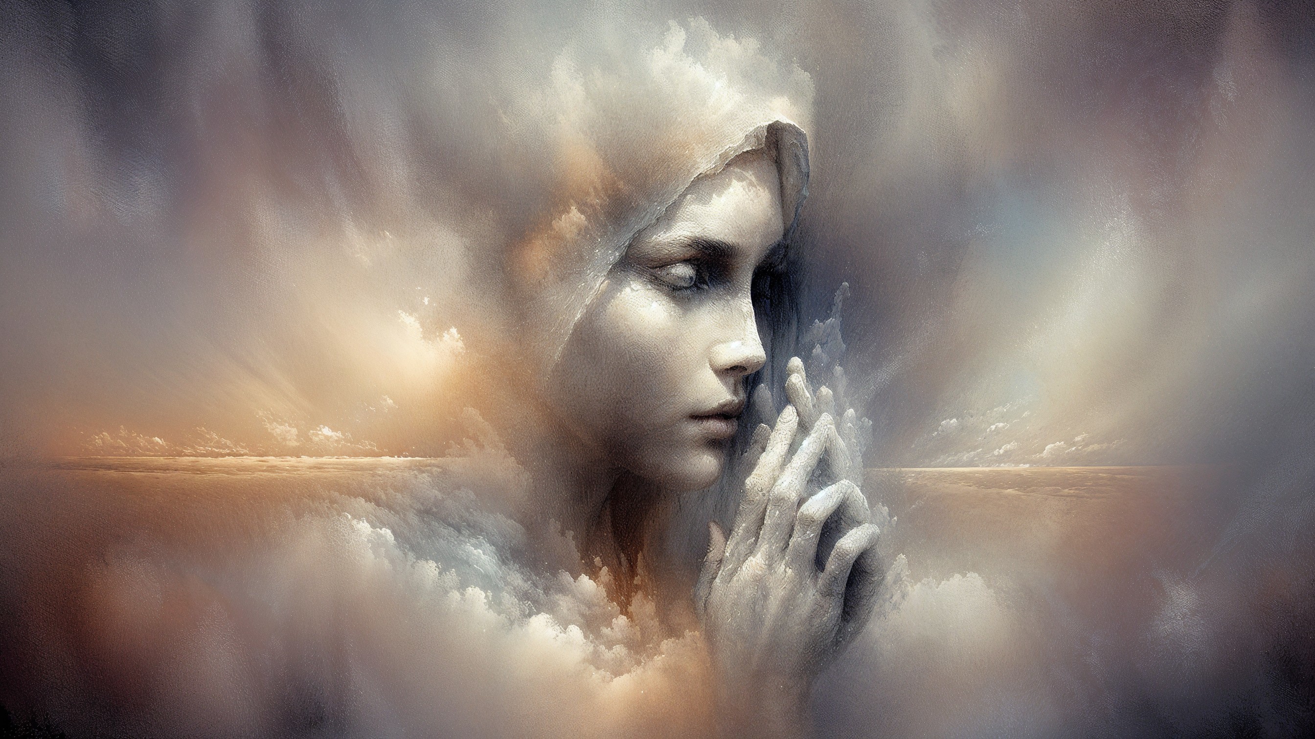 Ethereal Figure in Dreamlike Cloudy Atmosphere